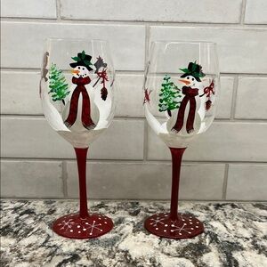 NEW Pair of Pier 1 Hand-Painted Snowman Wine Glasses - Red, Green, White